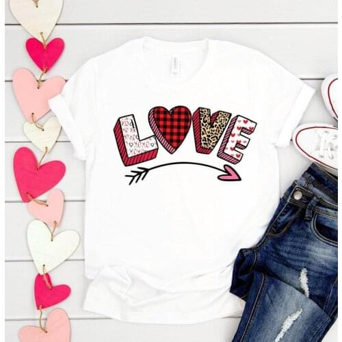 Valentines Buffalo Plaid Leopard Print Love Heart Shirt Graphic Cotton Women Tshirts Korean O Neck Casual Short Sleeve Tees top