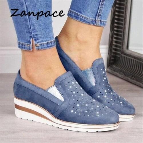 ZANPACE Large Size Casual Women Shoes 2019 Winter British Style Crystal Slip-On Womens Vulcanize Shoes Wedges Women Sneakers