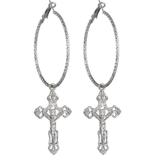 Dreamtop European Metal Hoop Earrings Gold Color Jesus Cross Earrings For Women Cross Loop Earrings Jewelry E67