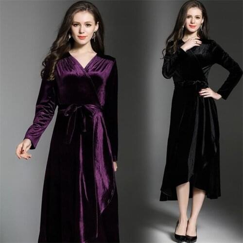 Fashion Velvet V-neck Sexy Elegant Long Dress Women Spring Autumn 2020 Casual Ruffles Fit And Flare Velour Dresses With Sashes
