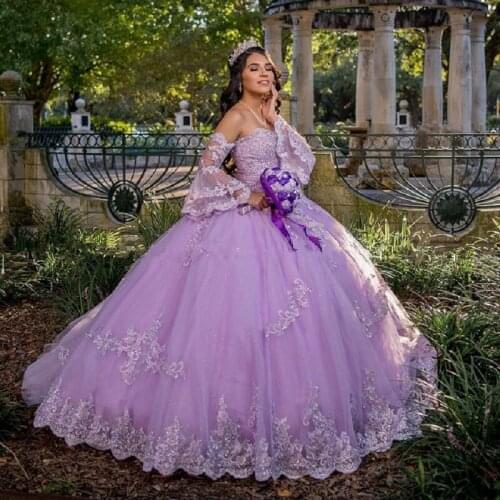 2021 Princess Lavender Quinceanera Dresses sweetheart Lace Up Ball Gown Sweet 16 Dress Lace Long Sleeves vestidos de 15 anos