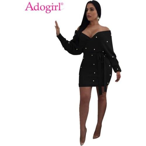 Adogirl Pearls Wrap V Neck Off Shoulder Bodycon Dress Women Sexy Long Sleeve Bodycon Mini Night Club Party Dresses Outfits