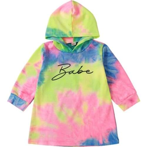 2020 Autumn Winter Girls Dress Kids Long Sleeved Color Tie Dye Letter Hooded Dress 2-8 Years Children Fashion Christmas Clothing