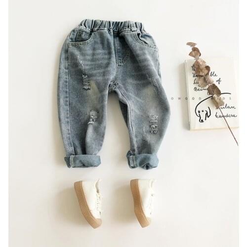 2021 new style girls boys denim holes long pants autumn fashion kids flare pants