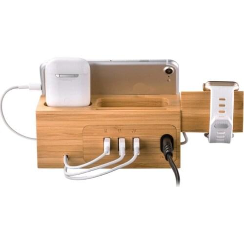 Bamboo Wood 3 USB Charger Station For Apple Watch AirPods Charging Dock Station Charger Stand Holder For iPhone 12 11 Pro Max XR