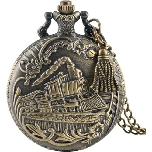 Bronze Train Front Locomotive Engine Necklace Quartz Pocket Watch Chain Flower Superb Sculpture Retro Pendant + Tassel Accessory