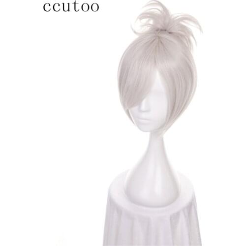 Ccutoo 12" LOL Riven Silver White Short Synthetic Wig Cosplay Costume Wig With Chip Ponytail Heat Resistance Fiber