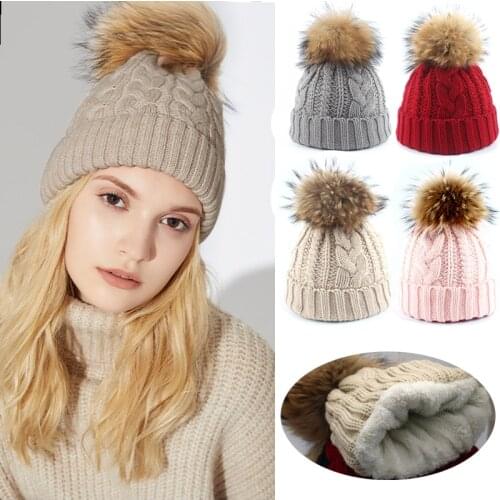 DT071 Women Hat Warm Velvet Fleece Inside Beanie Winter Hats For Women Real Fur Pompom Hat Parent Child Twist Knitted Girls Cap