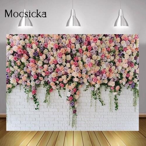 Flowers Wall Photo Background White Brick Wall Wedding Photocall Boda Bridal Shower Portrait Photography Backdrop Studio Props