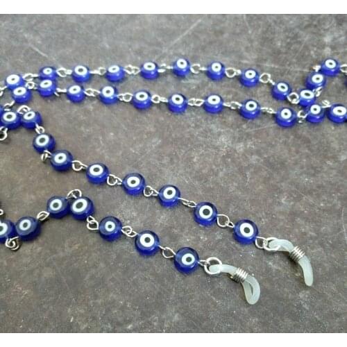 Blue EVIL EYE, Protection, Czech Glass Beads, Linked Silver Wire Eyeglass Chain