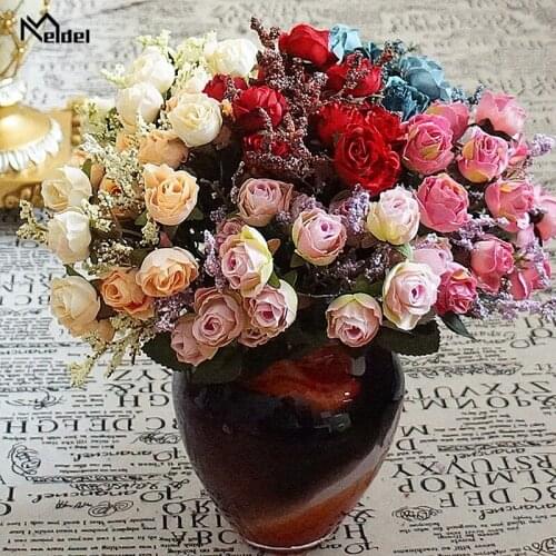 15 Heads Fabric Artificial Roses Branch Flowers Flannel Fabric Pink Fake Roses Flowers Craft Wedding Home Party Decor Fake Roses
