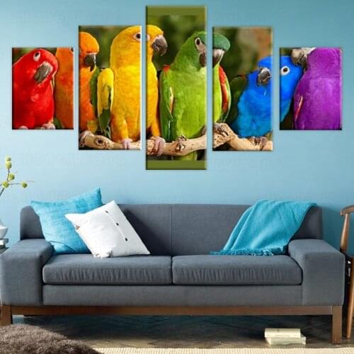 Painting Wall Art Modular Poster Home Decor 5 Panel Colorful Parrots Framework HD Printed Modern Canvas Living Room Pictures