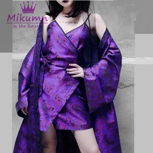 Japanese Harajuku Purple Butterfly Print Lace Long Kimono Cardigan Women Gothic Blouse Chic Streetwear