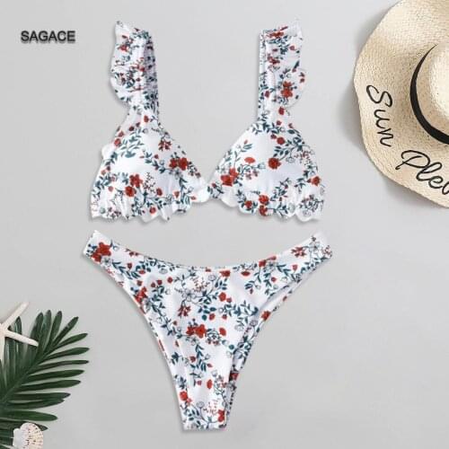 SAGACE 2-Piece White Bikini Set Women Summer Split Swimsuit Sexy Flower Print Bikini Swimwear Lady Holiday Beach biquini A423