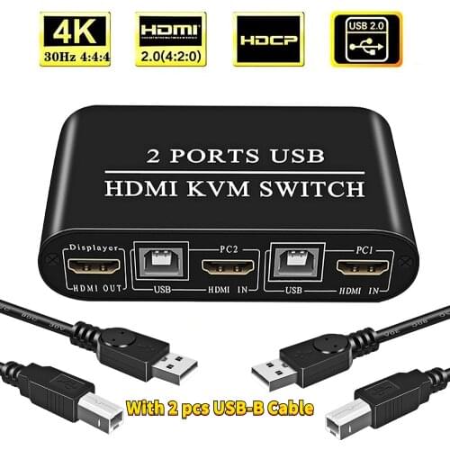 KVM Switch HDMI 2 Port Box 4K@30Hz & 3D & 1080P Supported, No Power Adapter Required, with 2 USB Cables
