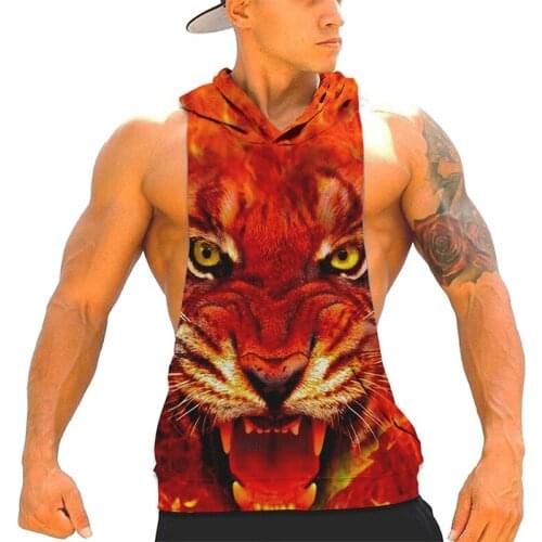 LUCKYFRIDAYF Fashion Design 3d Flame Lion Bodybuilding Stringer Tank Top with Hooded Gyms Clothing Fitness Muscle Vest Tee Shirt