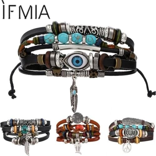 IFMIA BOHO Tibet Stone Feather Multilayer Leather Bracelet Eye Fish Charms Beads Bracelets for Men Vintage Punk Wrap Wristband