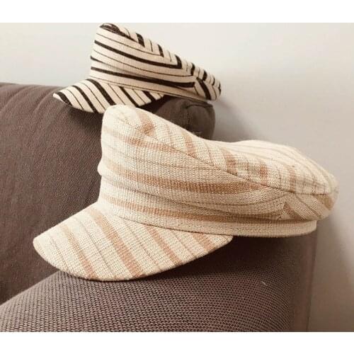 2020 New Fashion Striped Cotton Linen Women Spring Summer Cap Flat-topped Military Cap Peaked Cap Fashion Cap Visor Sun Cap