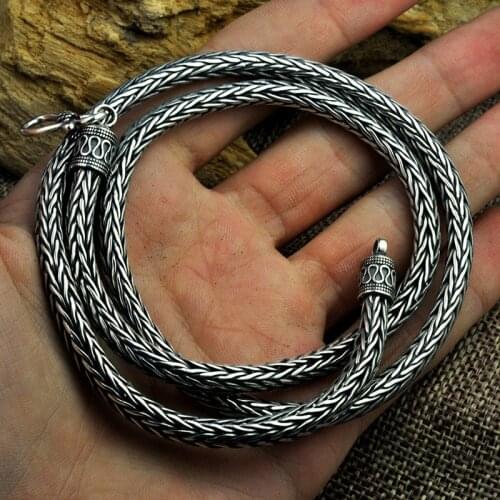 S925 silver hand-woven safe pattern keel necklace hemp rope long section Thai silver retro mens 5MM necklace
