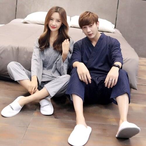 Japanese Style Couples Pajamas Set V-neck Kimono Yukata Samurai Man Women Cardigan Trousers Suit Sleepwear Comfortable Robe