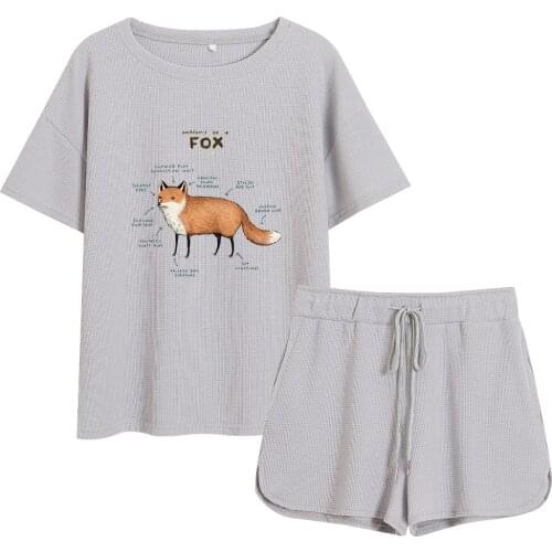 Fox Pajamas Suit Kawaii Animal Print Cotton Nightwear Casual Looses Pj Sets for Women Bedroom Two Piece Set Summer Loungewear