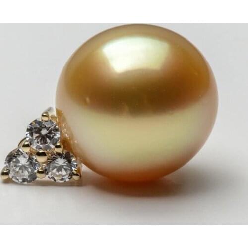 12mm Nearly Round Golden Genuine South Sea Pearl Pendant 14k Solid Yellow Gold Free Shipping