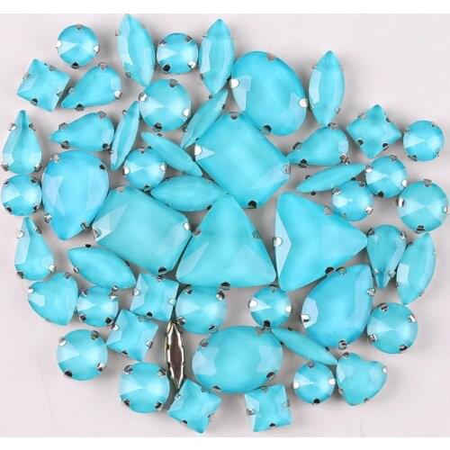 Silver claw settings 50pcs/bag shapes mix jelly candy Aquamarine glass crystal sew on rhinestone for garment shoes bags diy