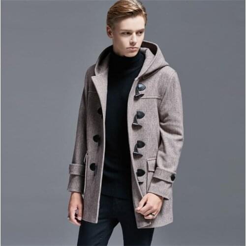 Hooded horn button woolen coats mens jacket short handsome male coat winter new style European and American fashion loose clothe