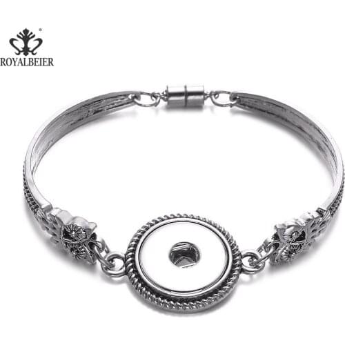RoyalBeier Vintage Owl Snap Button Metal Silver Color Bracelet Bangle For Female Charm Couple Bracelet Jewelry Pulseras Pulsera