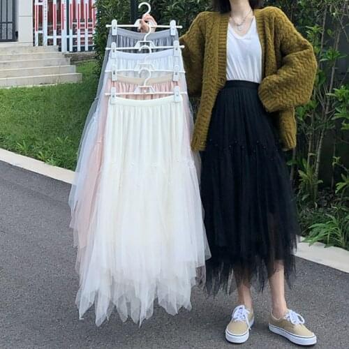 Autumn Winter Women irregular Tulle Skirts Fashion Elastic High Waist Mesh Beading Pleated Long Skirts Femmle Sweet Midi Skirt