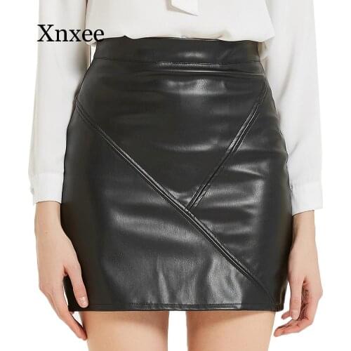 2020 Women Faux Leather A-line Skirt High Waisted Bodycon Stretchy Zipper Closure Solid color Mini leather skirt women fall