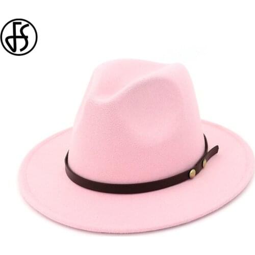 FS Pink Fedora Hat Women Men Woolen Winter Felt Hats Fashion Black Top Jazz Hat Fedoras Chapeau Sombrero Vintage Mujer 2019