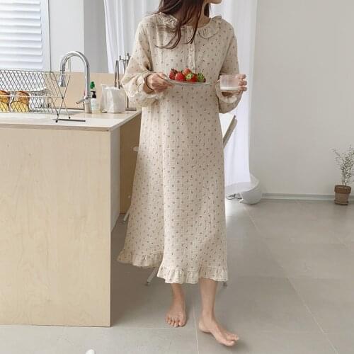 Autumn Ruffle Nightgown Women Cherry Print Sleep Dress Loose Casual Cute Homewear Long Sleeve O-neck Nightdress Sexy Soft S1032