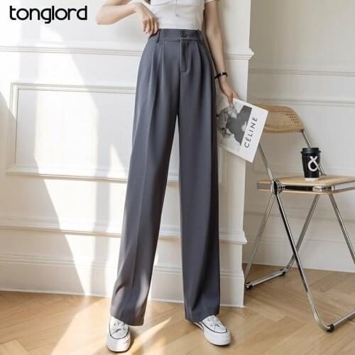 Women Elegant Wide Leg Pants 2021 Spring Summer Elastic High Waist One Button Office Ladies Suits Pants Female Long Trousers New