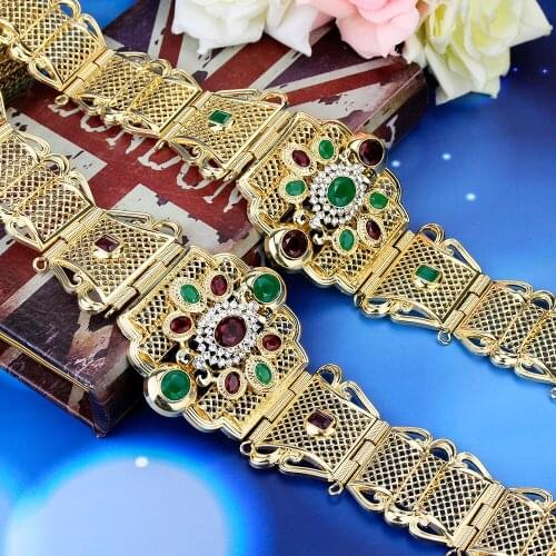 Sunspicems Metal Crystal Morocco Belt for Women Gold Color Ethnic Wedding Jewelry Waist Chain Adjustable Length Bridal Gift
