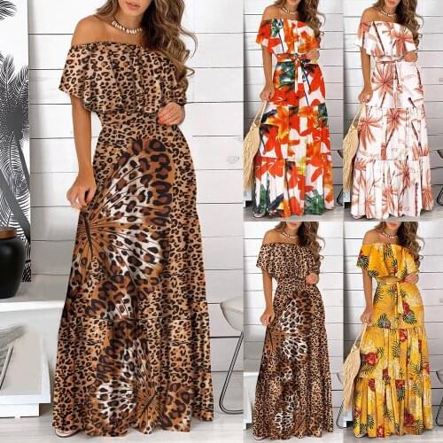 Ladies Office Ol Formal Dress Floor Length Women Slash Neck Dress Off Shoulder Floral Printed Maxi Short Sleeve Dress D30