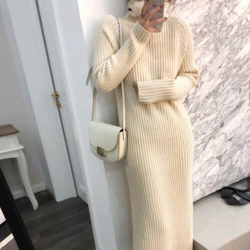 2020 Knitted Sleeve Turtleneck Thick Women Long Pullovers Winter Sweater Dress Tricot Pull Femme