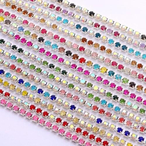 1Meter 18Colors Glass Crystal Rhinestone Chain Silver Bottom Sew on Cup Chains For DIY Garment Bags Cloth Supplies Decorations