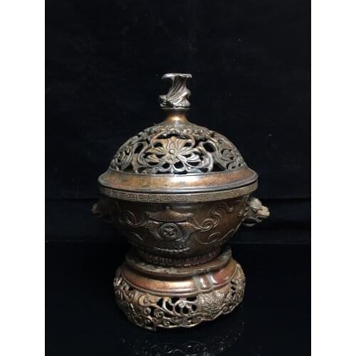 10" Tibet Buddhism Old Bronze Cinnabars Lion head statue Three-legged incense burner Three layers worship incense burner