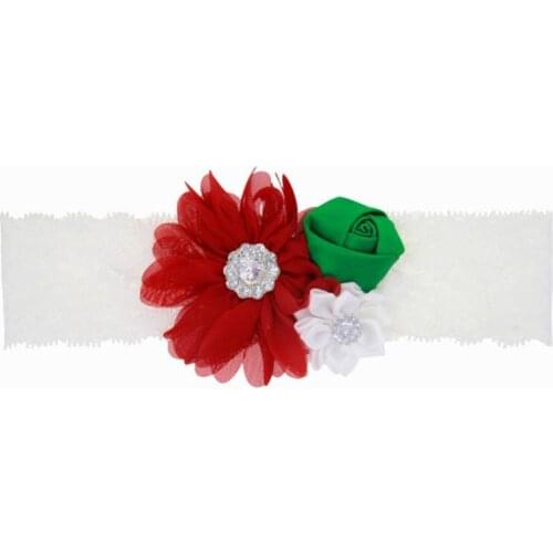 30 pcs/lot, 19*4.5 cm Hot Sale Christmas Chiffon flower rhinestone satin flower with lace headband Elastic lace rose Christmas