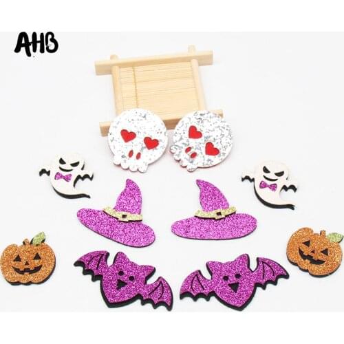 AHB 10Pcs Glitter Bats Pumpkin Appliques Shiny Glitter Felt Patches For DIY Girls Hair Clips Handmade Embellishment Accessories