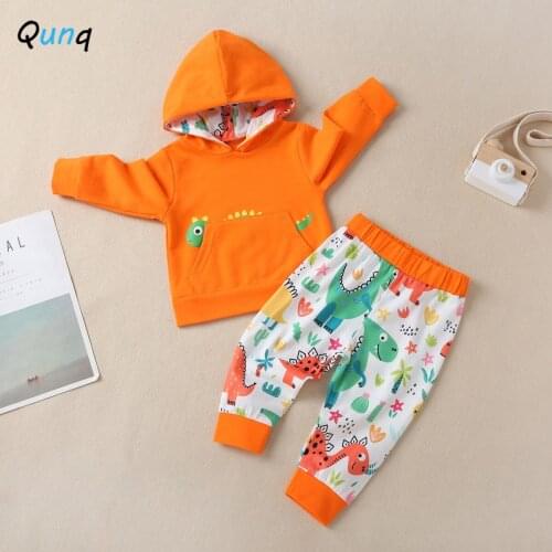 Qunq Babys Set Spring Fall Long Sleeve Newborns 2pcs Suits Orange Hooded Shirts Dinosaur Pant Infant Boys Girls Clothing