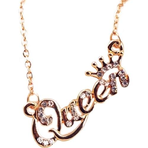 Elegant Jewelry Letter Queen Pendant Shiny Rhinestone Clavicle Chain Necklace