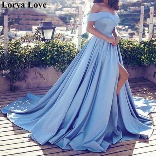Light Blue Elegant Formal Party Night Evening Dresses 2020 Off Shoulder Satin Robe De Soiree Prom Gowns Women Sexy Long Gowns