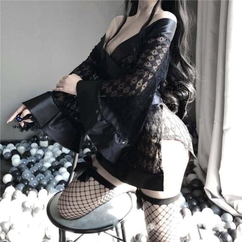 Women Robe 3Pcs Set Sexy Pajamas Cosplay Japanese Kimono Yukata Dress Uniform Black Costumes Pajamas Soft Silk Belt Sleepwear