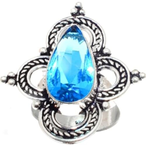 Blue Topaz Ring Silver Overlay over Copper , Hand Made Women Jewelry gift , R6577 , Size: 8.75