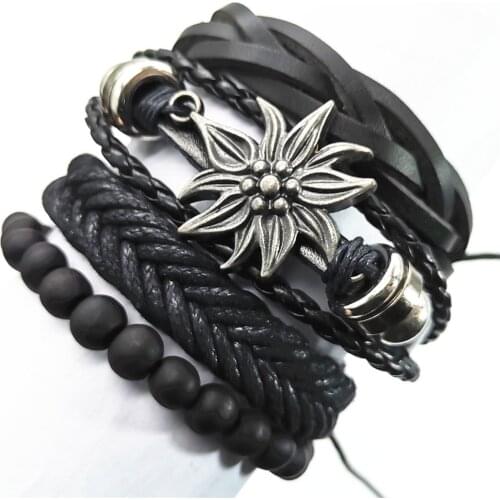 Sunflower Rivet Black Wing Blade Beads Skull Leather Bracelets 4pcs/set Men Bracelets Women Fashion Jewelry Accessories