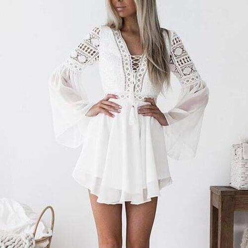 ITFABS Lace Women Dress Long Sleeve V-neck Hollow Out Dresses Bandage Elegant Summer Boho Sundress Ladies Party Dress Vestidos