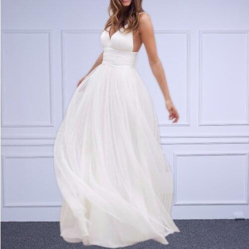 Linyixun Real Photo Beach Wedding Dresses Spaghetti Straps Pure White Ruched Tulle 2020 Wedding Gown Simple Style Bridal Gowns