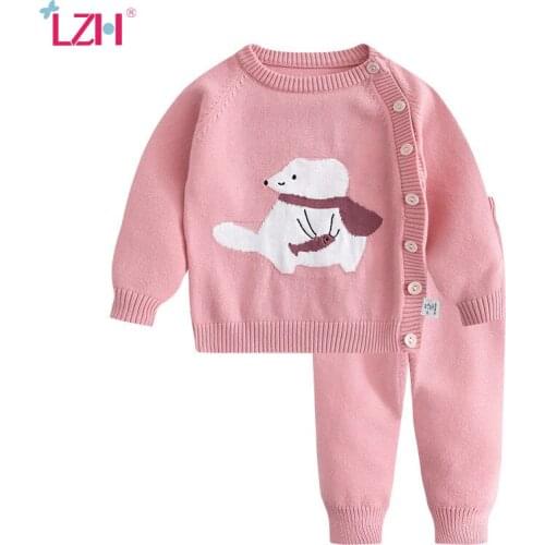 LZH 2021 Fashion Newborn Beby Girls Spring Clothing New Cotton Long Sleeves Infant Baby Boys Sets Knitting Cartoons Kids Suits